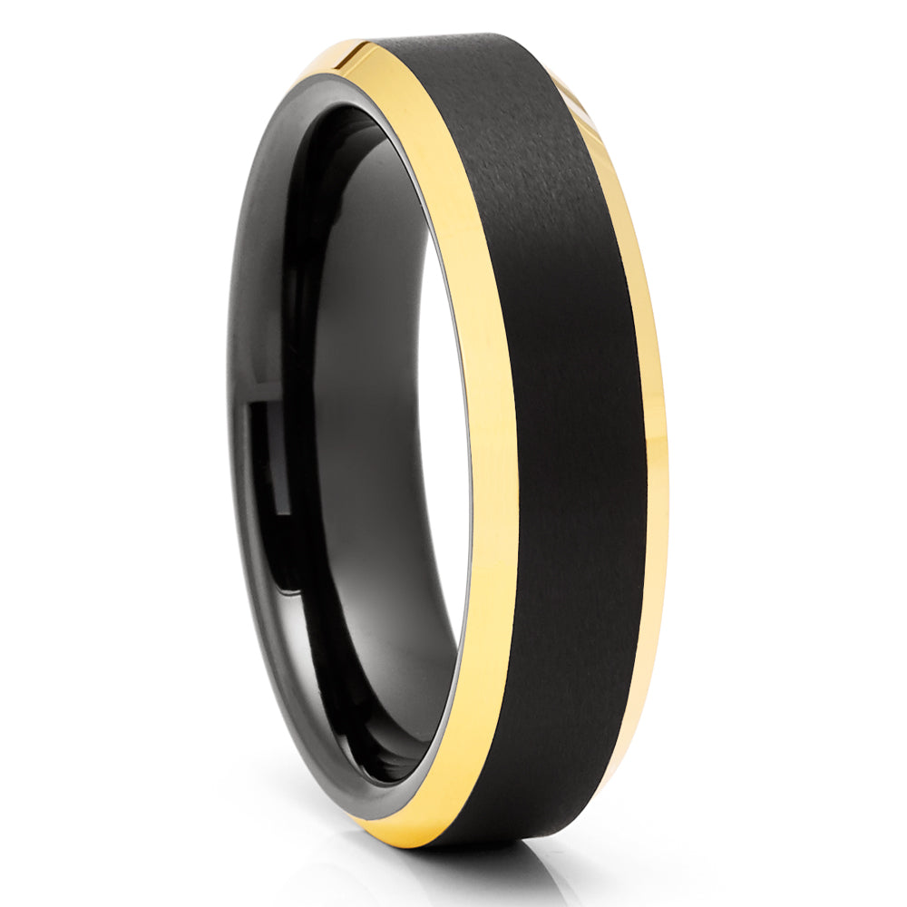 Black Tungsten Wedding Ring 6mm Wedding Ring Yellow Gold Ring