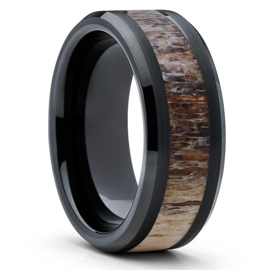 10mm Deer Antler Wedding Ring Black Wedding Ring Tungsten Carde Ring