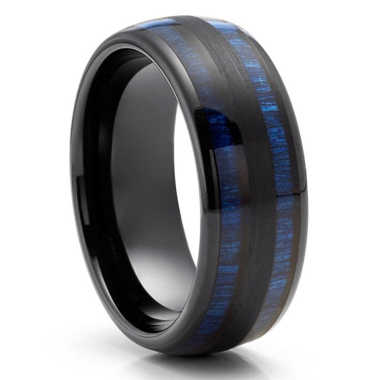 Black Tungsten Ring Engagement Ring 8mm Wedding Ring Blue Bamboo Ring