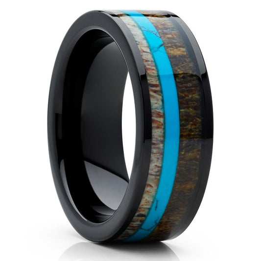 Deer Antler Wedding Ring,Turquoise Tungsten Ring,8mm Wedding Ring,Black Tungsten Ring,Anniversary Ring
