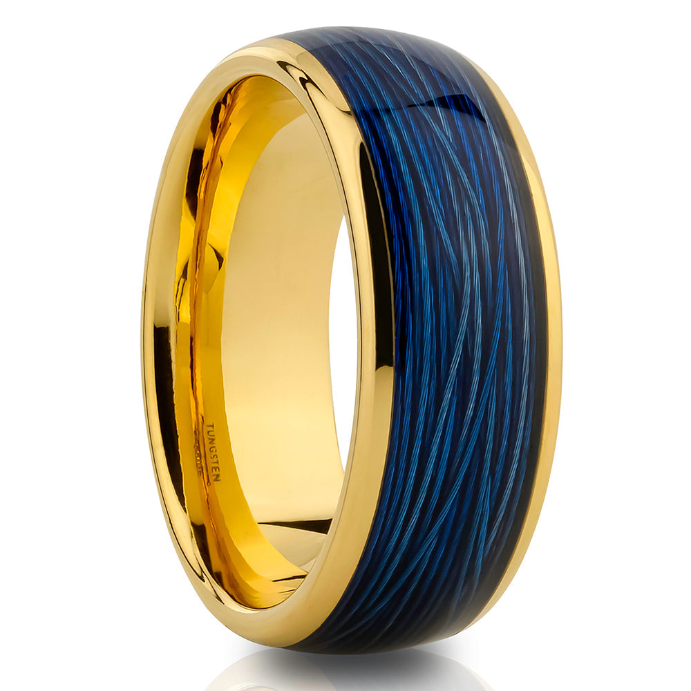 Yellow Gold Tungsten Ring Wire Wedding Ring Blue Ring