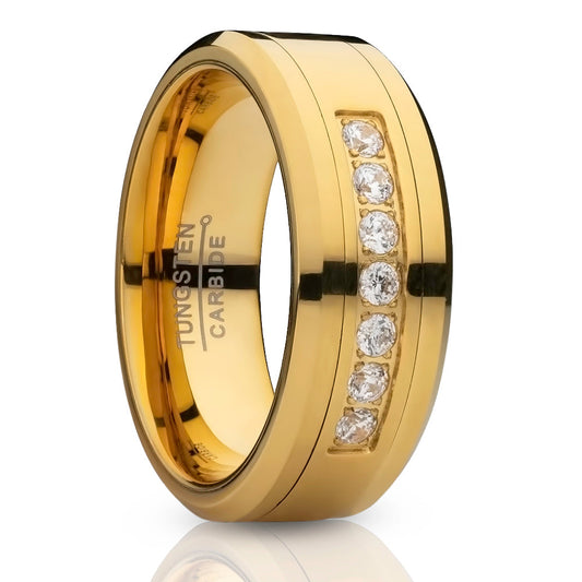 Man's Wedding Ring,Yellow Gold Tungsten Ring,Engagement Ring,CZ Wedding Ring,Tungsten Carbide Ring