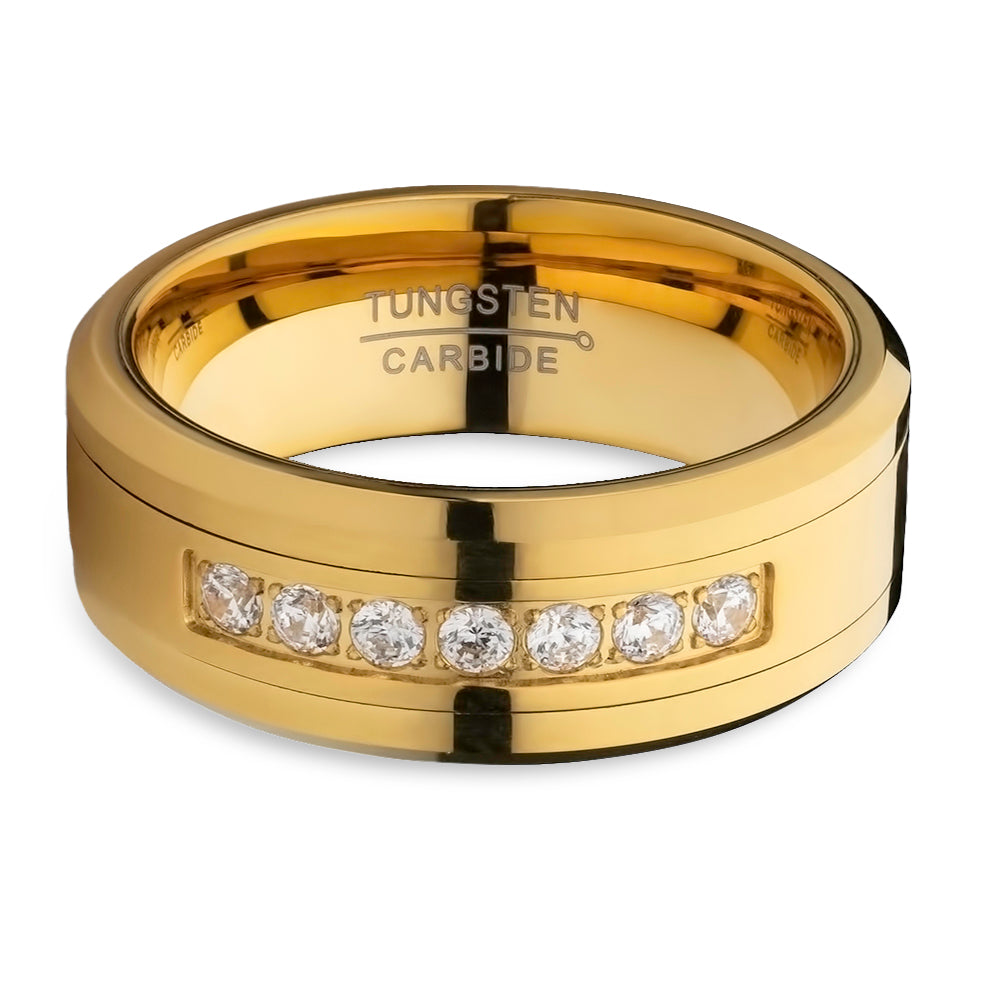 Man's Wedding Ring,Yellow Gold Tungsten Ring,Engagement Ring,CZ Wedding Ring,Tungsten Carbide Ring