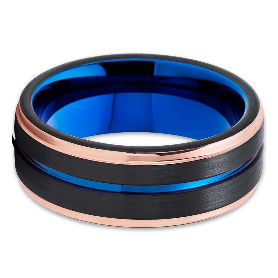 Blue Tungsten Wedding Ring Rose Gold Wedding Ring 8mm Black
