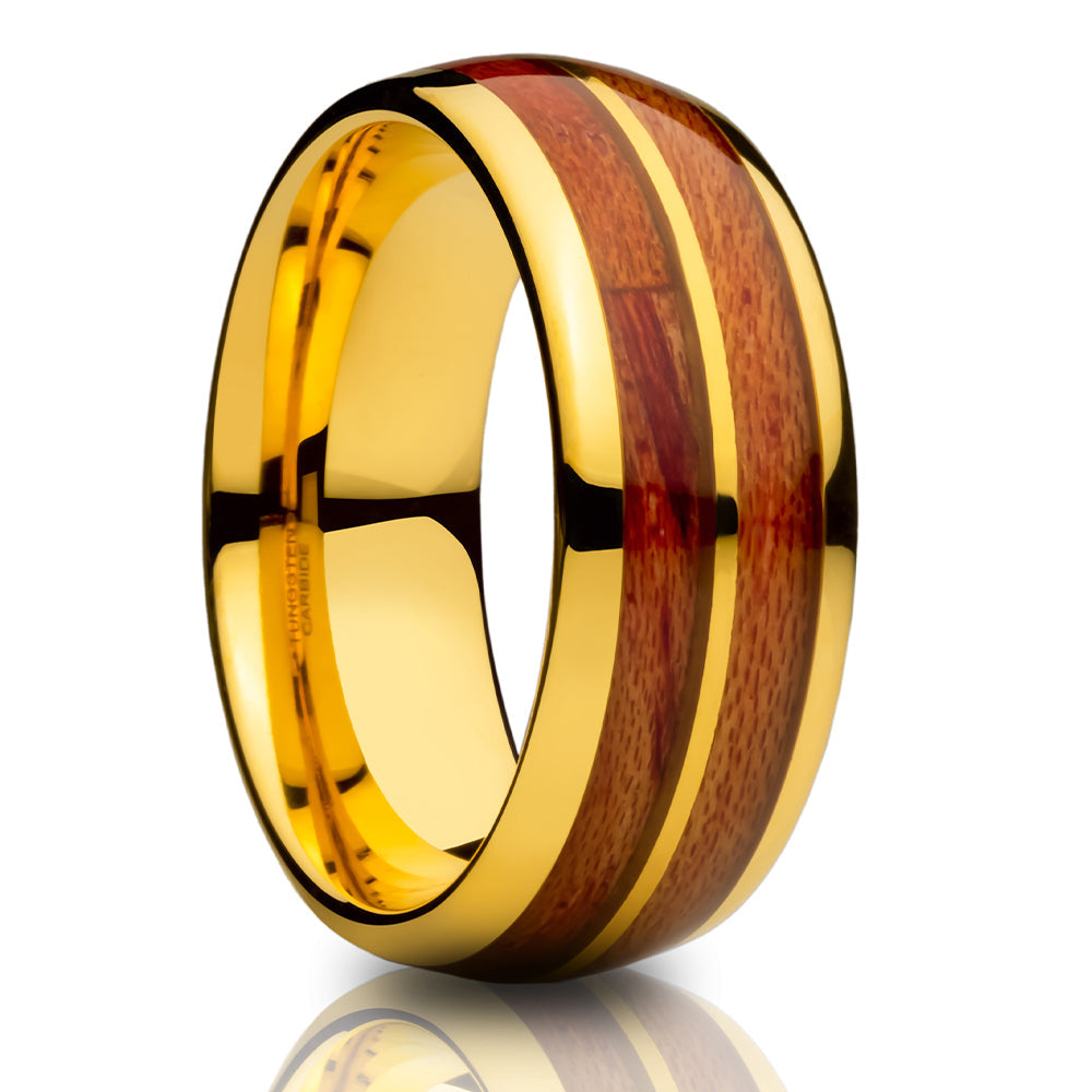 Yellow Gold Wedding Ring Tungsten Wedding Band 8mm Wedding Ring Koa Wood