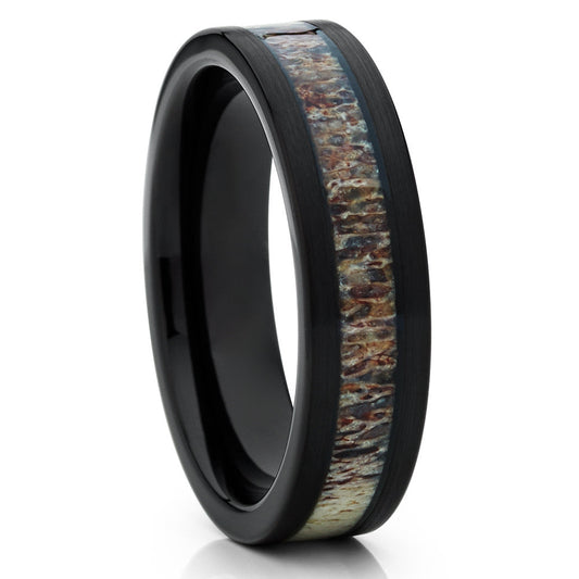 6mm Deer Antler Wedding Ring Black Tungsten Ring Black Wedding Band