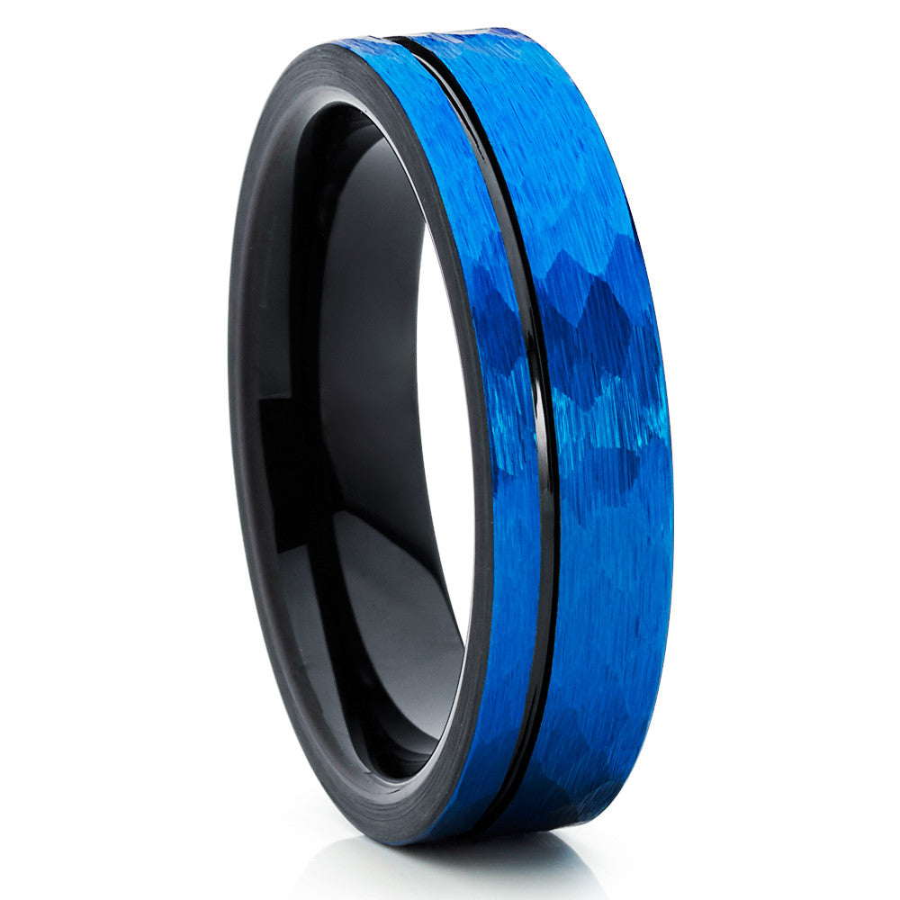 Black Tungsten Ring Blue Tungsten Ring 6mm Wedding Ring Engagement Ring Hammered