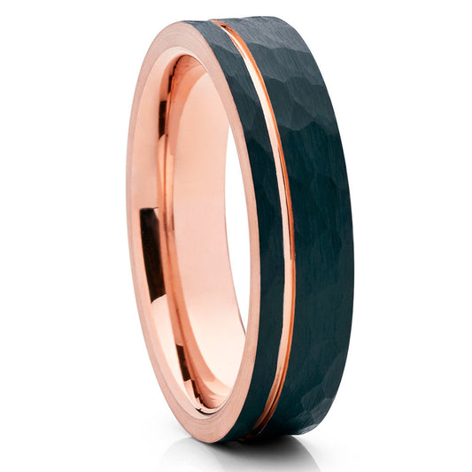 Rose Gold Tungsten Ring Black Tungsten Ring Hammered Wedding Ring 6mm