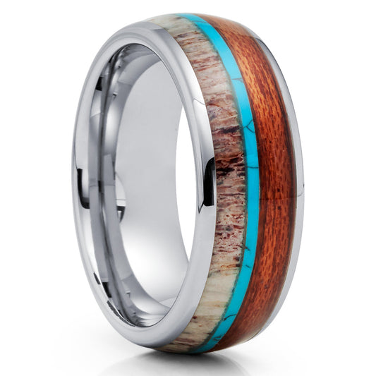 Deer Antler Wedding Ring,Silver Tungsten Ring,Turquoise Wedding Ring,8mm Wedding Ring,Koa Wood Ring