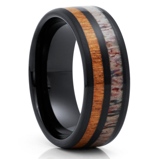 Deer Antler Wedding Ring Black Tungsten Wedding Ring Cherry Wood Ring