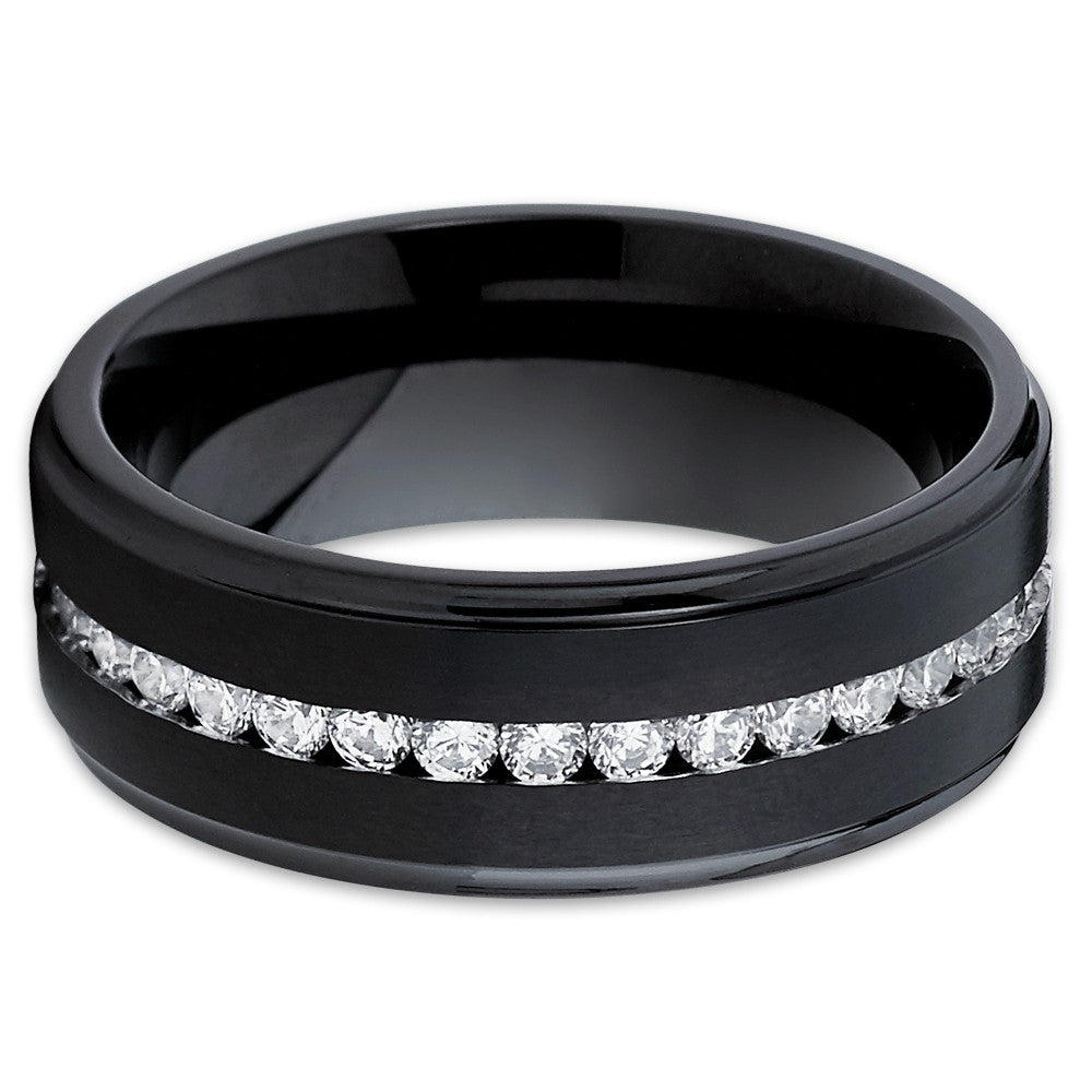 Black Titanium Wedding Ring CZ Wedding Ring 8mm Wedding Ring Black