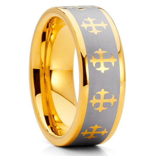 8mm Yellow Gold Wedding Ring Tungsten Carbide Ring Engagement Ring Cross Ring