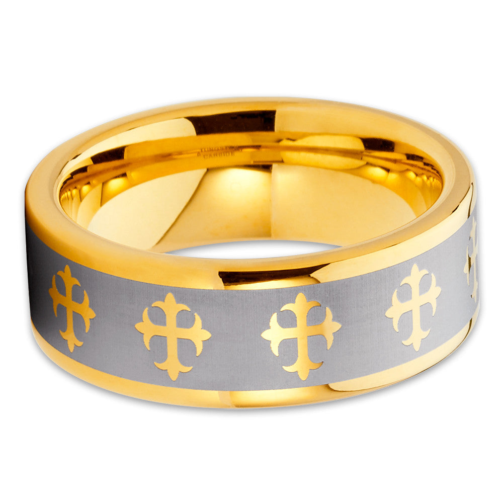 8mm Yellow Gold Wedding Ring Tungsten Carbide Ring Engagement Ring Cross Ring