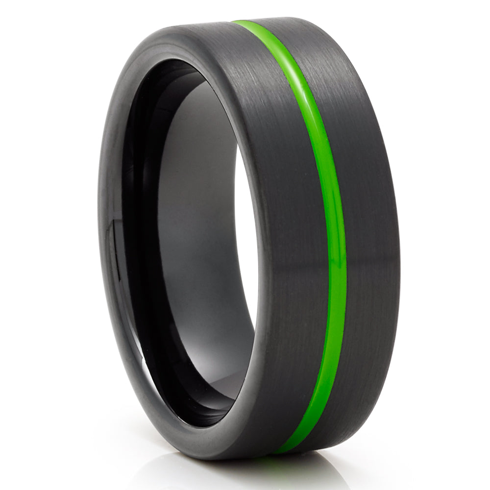 Green Tungsten Wedding Ring,Black Tungsten Ring,Anniversary Ring,Unique Tungsten Ring,8mm Black Ring