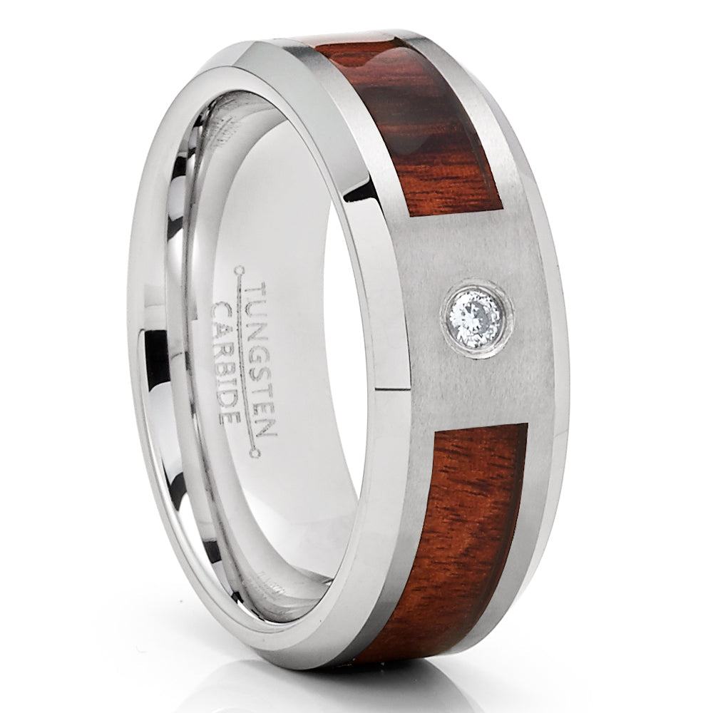 8mm Koa Wood Wedding Ring CZ Wedding Ring Tungsten Carbide Ring Engagement