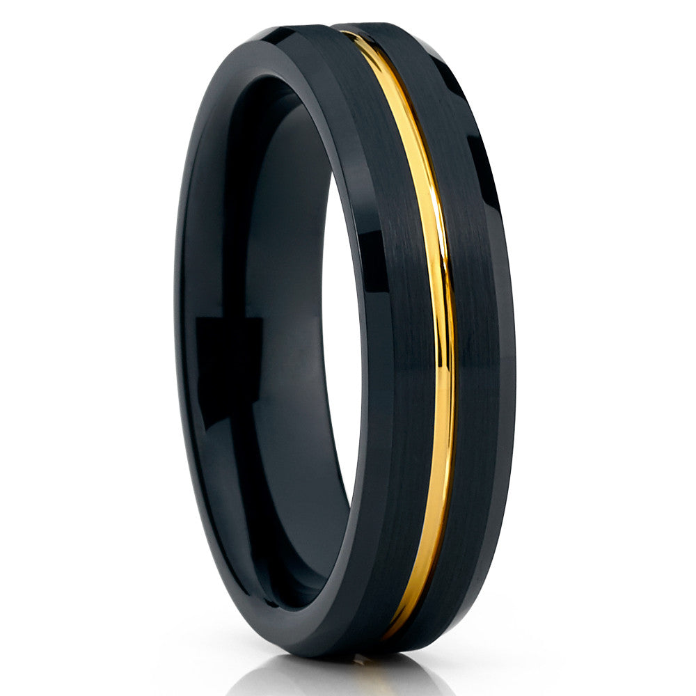 Black Tungsten Wedding Ring Yellow Gold Ring 6mm Tungsten Ring Anniversary