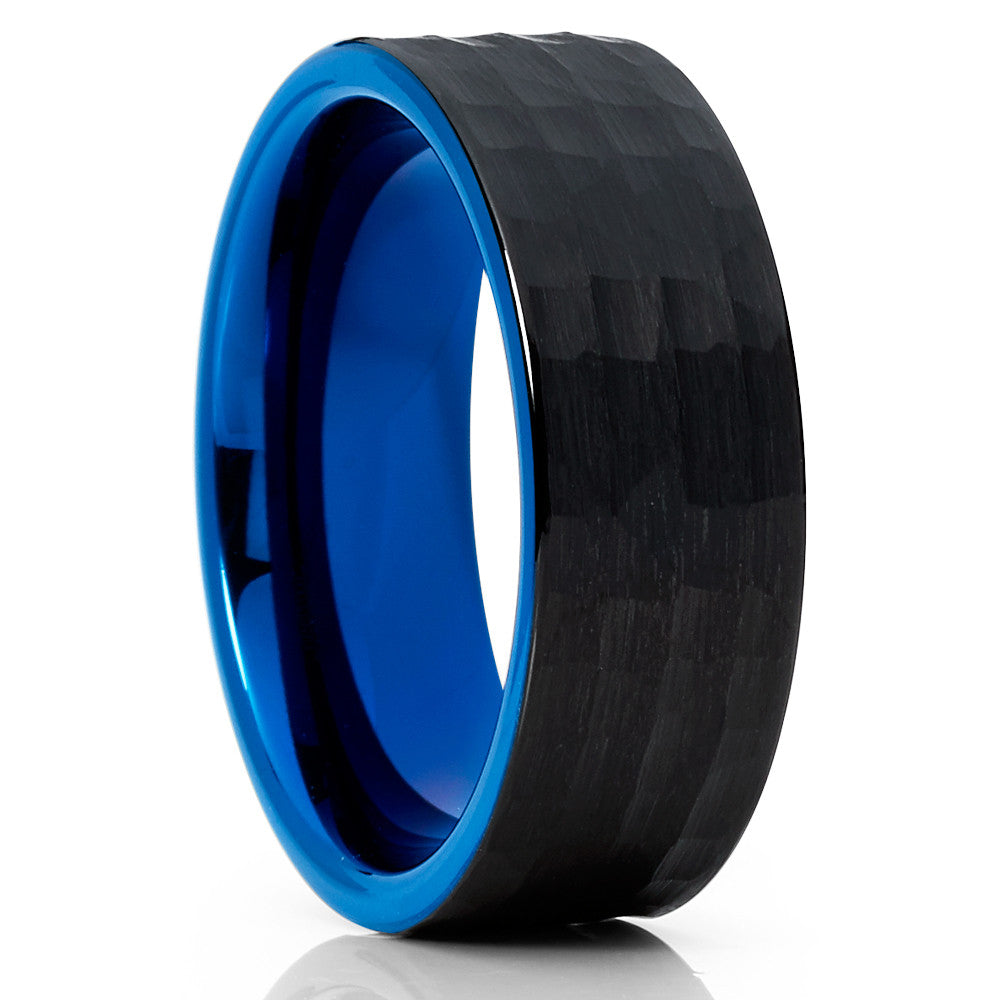 Blue Tungsten Wedding Ring Hammered Wedding Ring 8mm Black