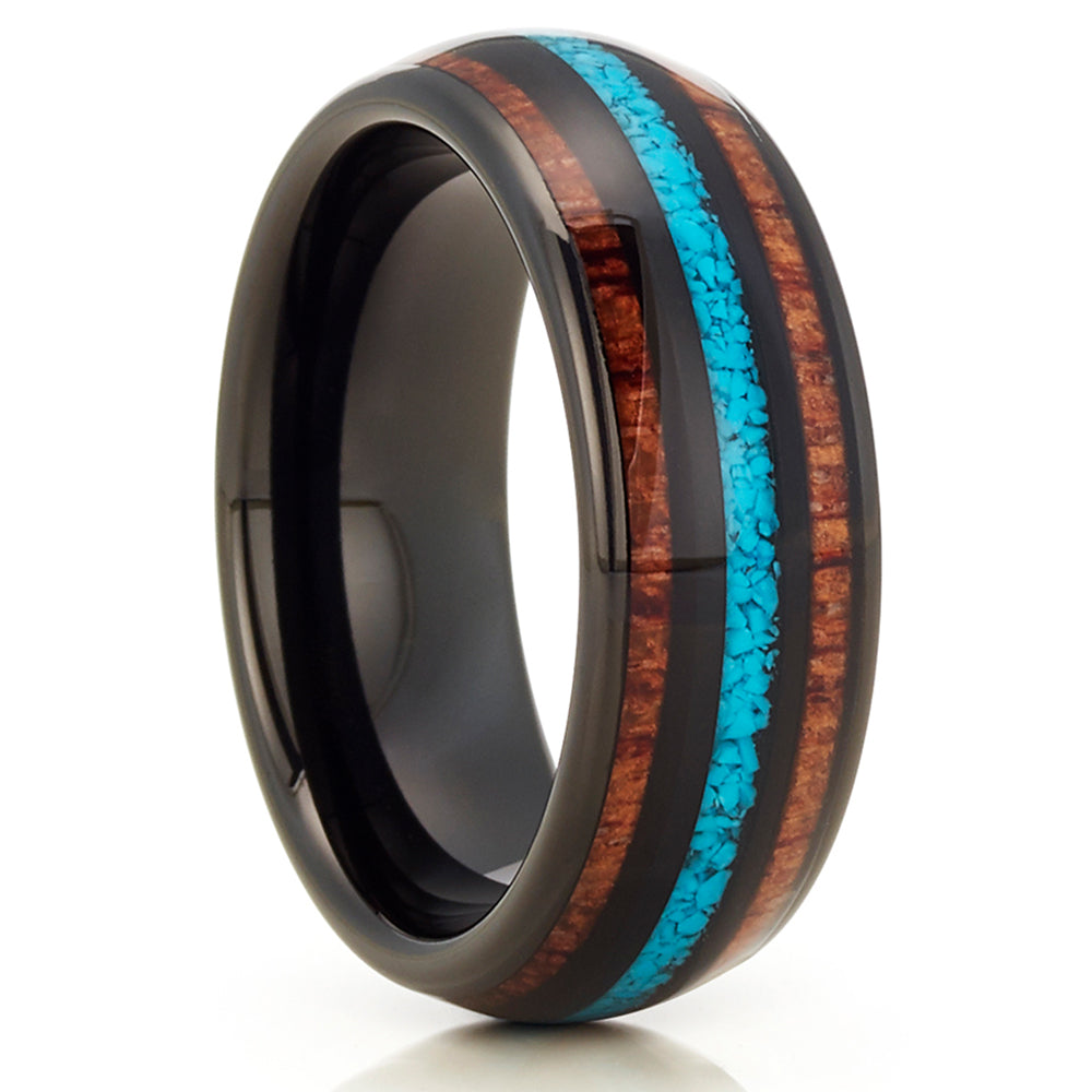 Turquoise Wedding Ring Koa Wood Wedding Ring Tungsten Wedding Ring 8mm