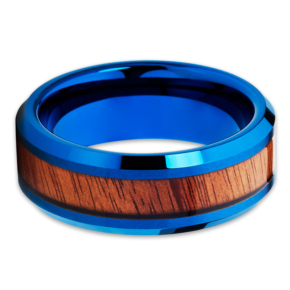 Koa Wood Wedding Ring,8mm Wedding Ring,Blue Tungsten Ring,Engagement Ring,Anniversary Ring,Comfort Fit
