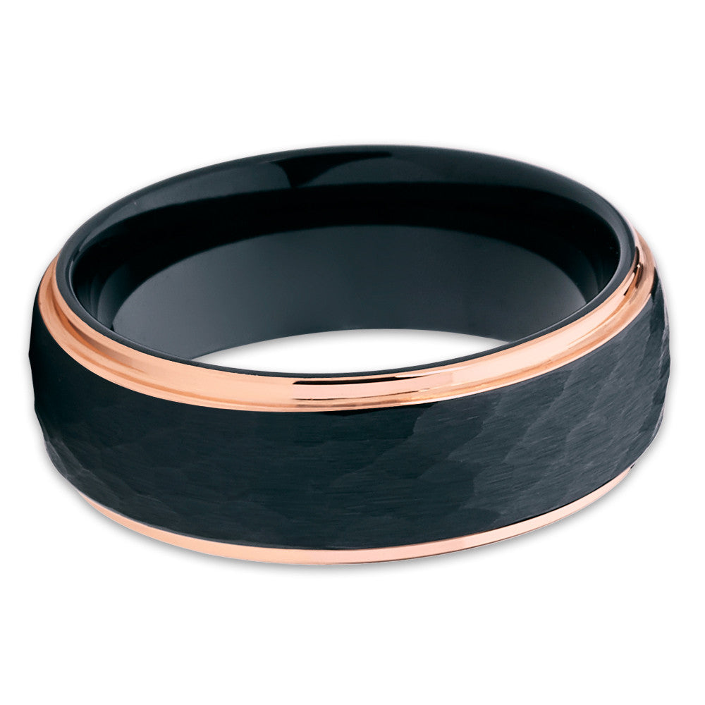 8mm Black Tungsten Ring Rose Gold Wedding Ring Hammered Ring