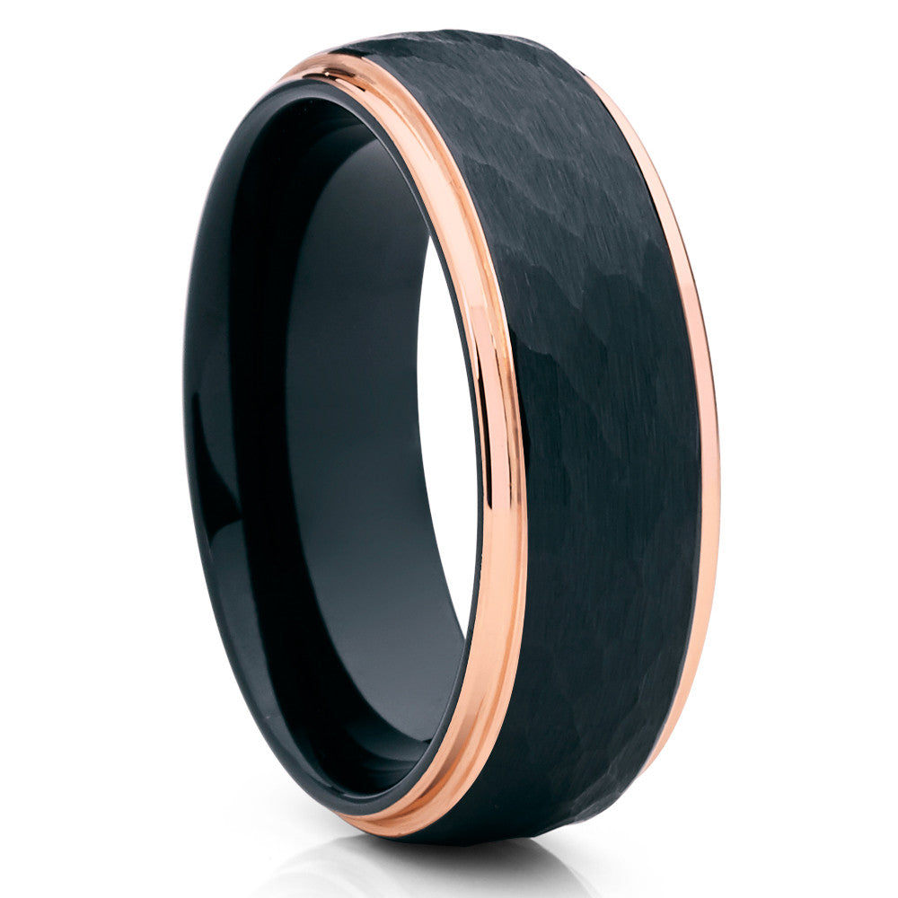 8mm Black Tungsten Ring Rose Gold Wedding Ring Hammered Ring
