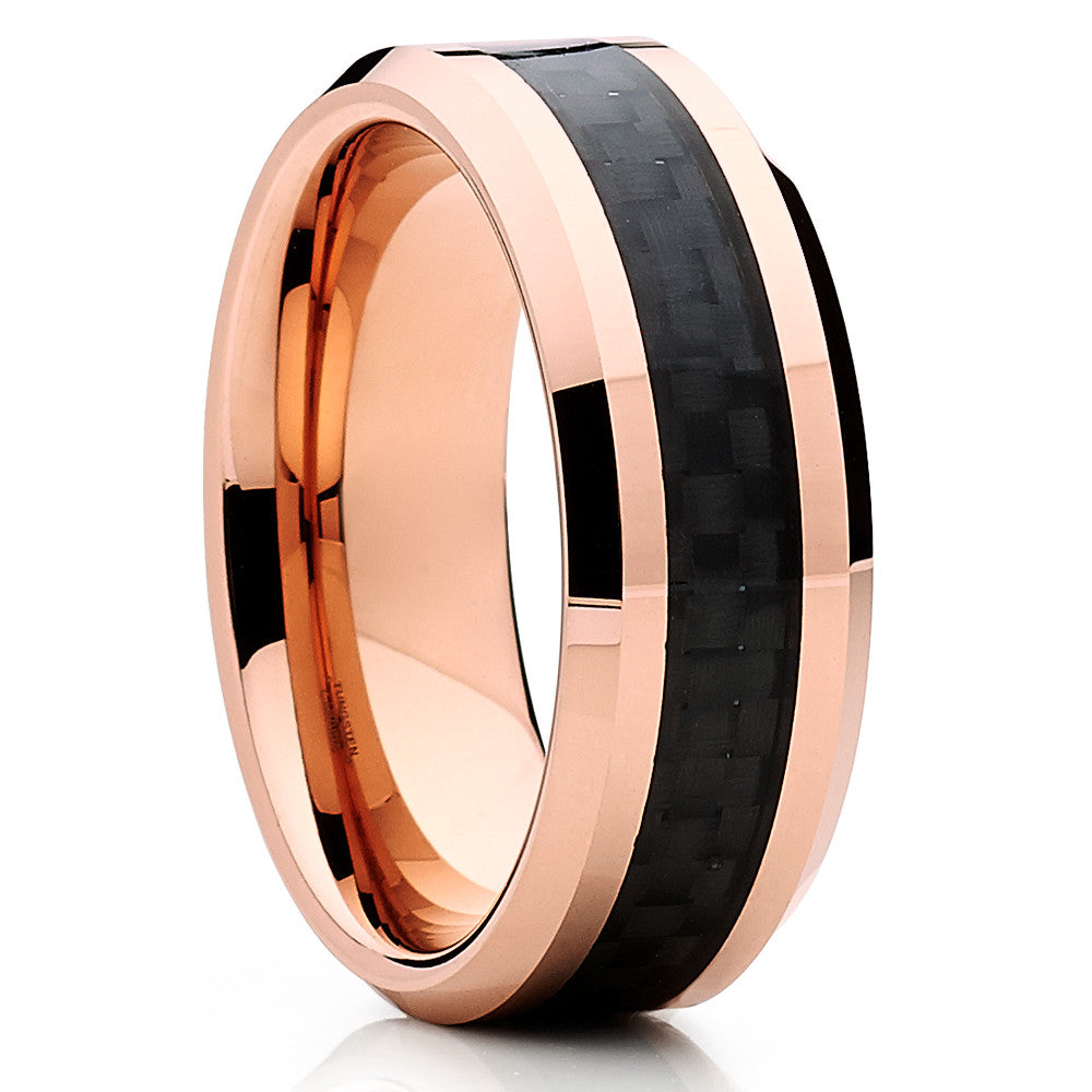 8mm Carbon Fiber Wedding Ring Rose Gold Tungsten Ring Anniversary
