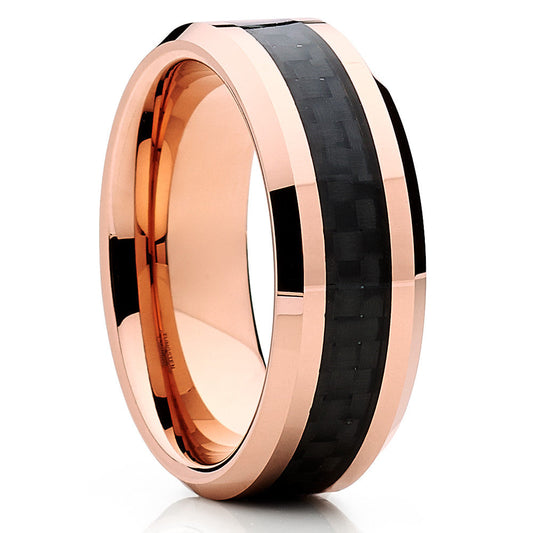 8mm Carbon Fiber Wedding Ring Rose Gold Tungsten Ring Anniversary