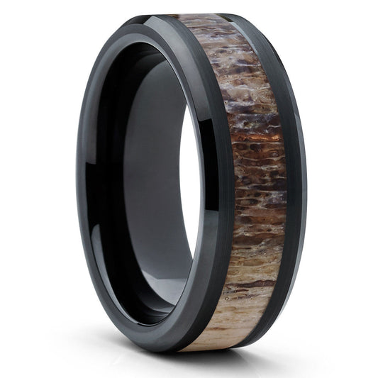 Deer Antler Wedding Ring 8mm Wedding Ring Black Tungsten Ring