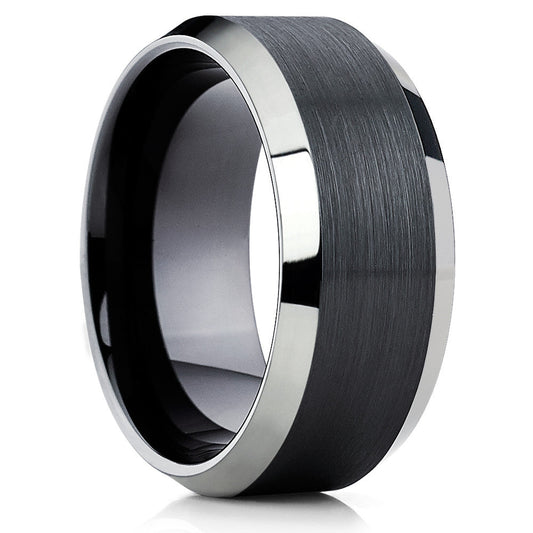 10mm Black Tungsten Wedding Ring Silver Wedding Ring Black Wedding Band