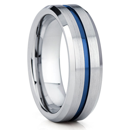 Blue Tungsten Wedding Ring 8mm Wedding Ring Silver Tungsten Ring Beveled Edges
