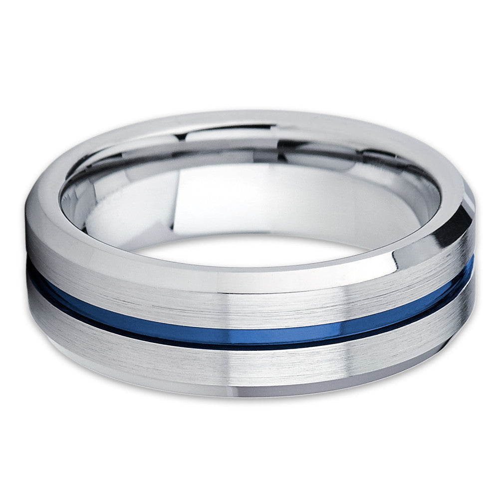 Blue Tungsten Wedding Ring 8mm Wedding Ring Silver Tungsten Ring Beveled Edges