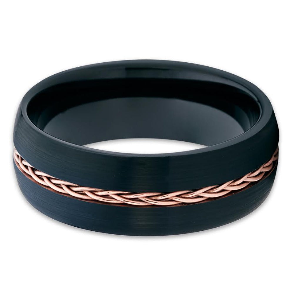 8mm Black Tungsten Ring Rose Gold Braid Ring Tungsten Carbide Ring