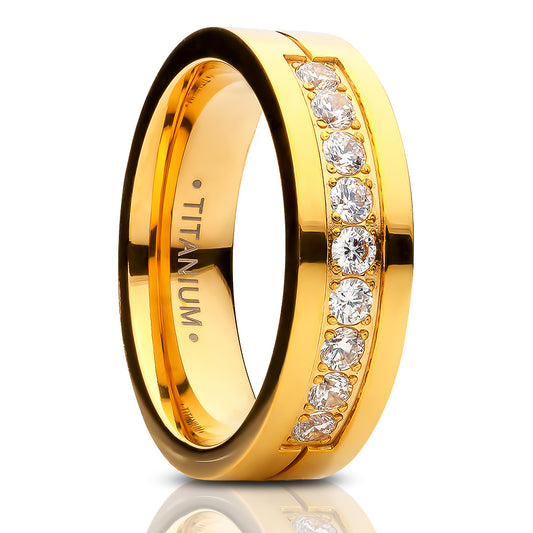 6mm Yellow Gold Titanium Wedding Ring CZ Wedding Ring Engagement Ring