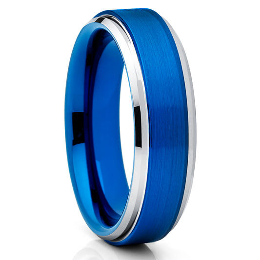 6mm Blue Tungsten Ring Tungsten Wedding Band Tungsten Carbide Ring Silver