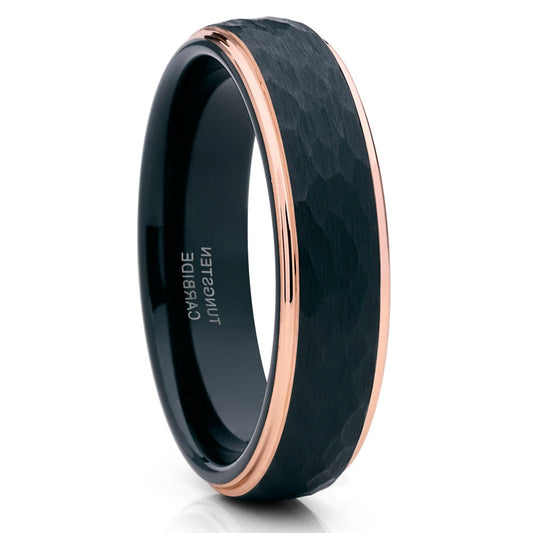 6MM Black Tungsten Ring Rose Gold Wedding Ring Tungsten Carbide Ring Hammered