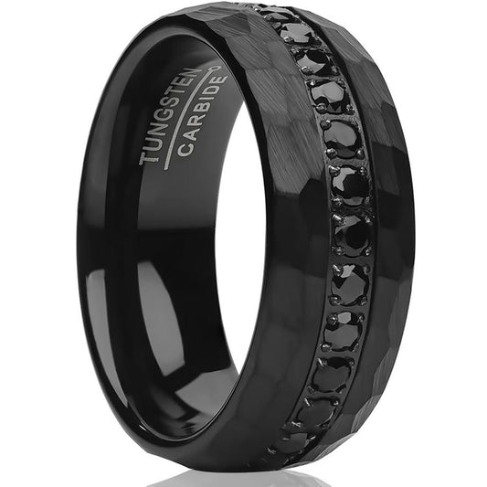 Black Tungsten Ring 8mm Wedding Ring CZ Wedding Ring Hammered Wedding Ring