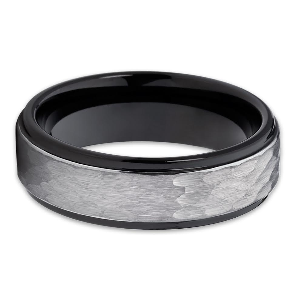 6mm Black Tungsten Ring Hammered Wedding Ring Tungsten Carbide Ring Silver