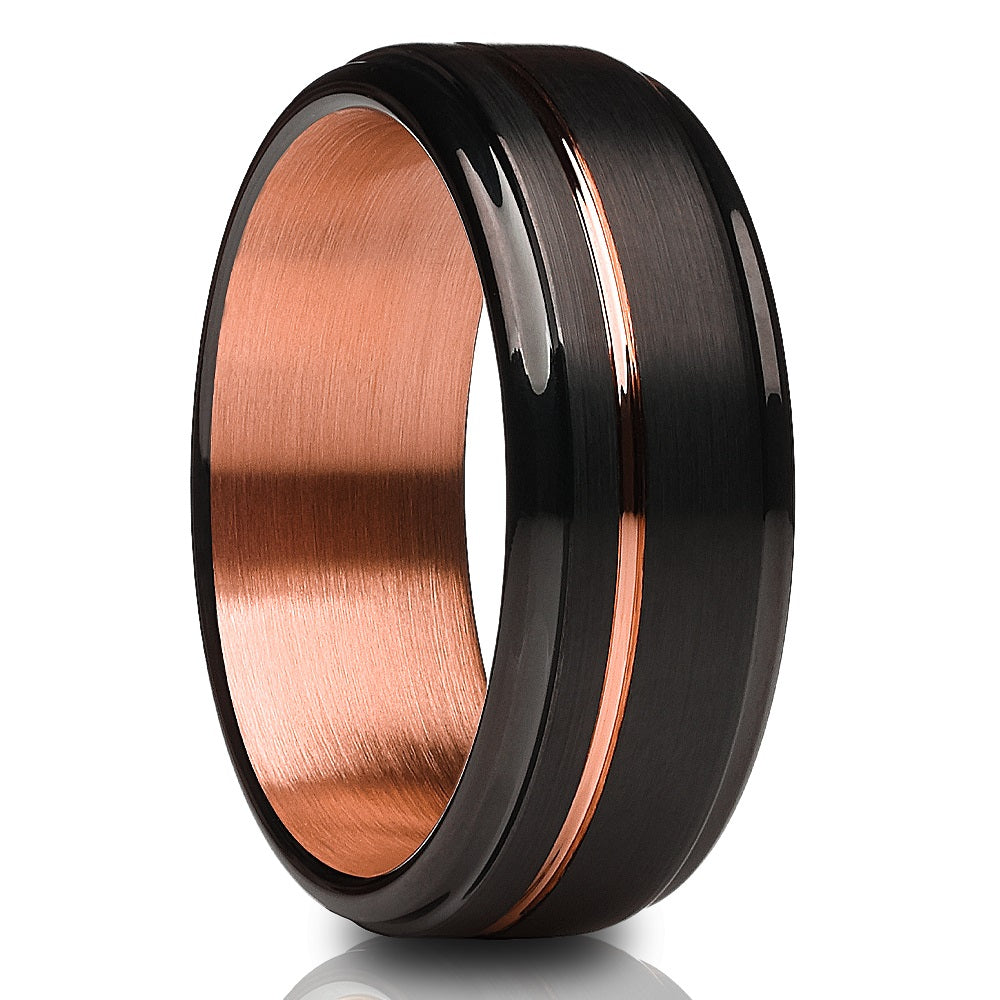 Rose Gold Wedding Ring Black Tungsten Ring 8mm Wedding Ring Anniversary Ring