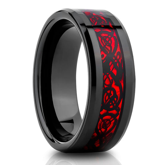 Dragon Wedding Ring,8mm Wedding Ring,Red Tungsten Ring,Engagement Ring,Black Wedding Ring,Comfort Fit Ring