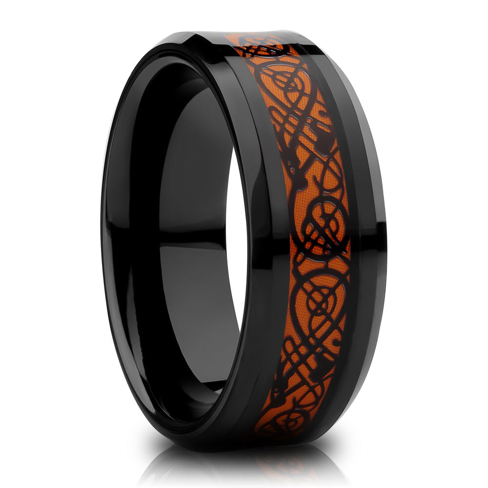 Dragon Wedding Ring,Black Tungsten Ring,8mm Wedding Ring,Unique Tungsten Ring,Tungsten Carbide Ring,Orange Ring