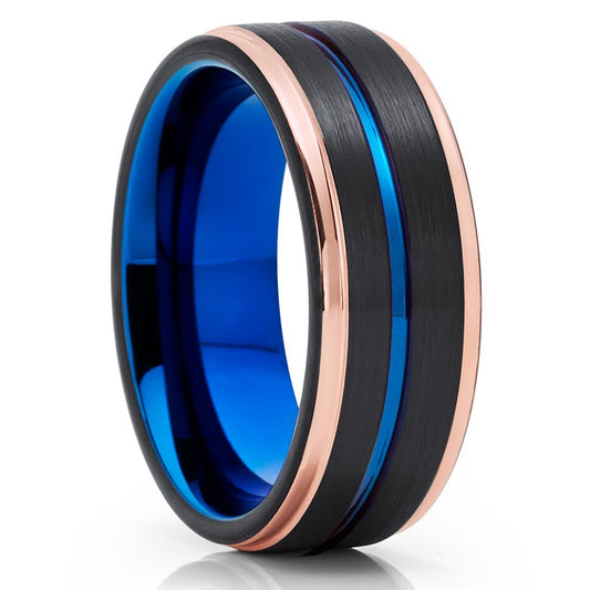 Blue Tungsten Wedding Ring Rose Gold Wedding Ring 8mm Black