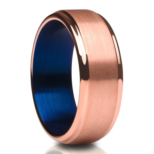 Rose Gold Tungsten Wedding Ring Blue Wedding Ring 8mm