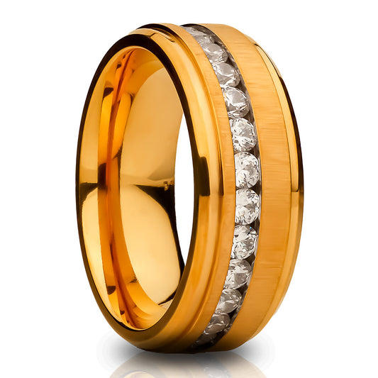 8mm Yellow Gold Tungsten Ring Titanium Wedding Ring Anniversary Ring CZ Ring