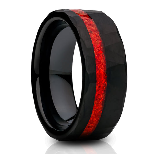 Galaxy Opal Tungsten Ring,Black Wedding Ring,8mm Wedding Ring,Tungsten Carbide Ring,Engagement Ring,Hammered Ring
