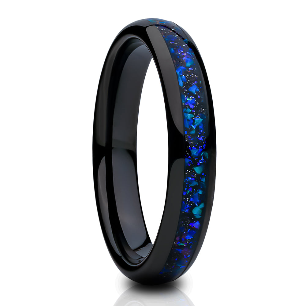 Meteorite and Galaxy Opal Wedding Band, 4mm Black Tungsten Ring, Smooth,  Sandblast, Flat, Comfort Fit, Unique Ring, Women Men Ring 