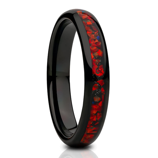 Galaxy Opal Wedding Ring,Black Tungsten Ring,4mm Wedding Ring,Tungsten Carbide Ring,Comfort Fit Ring,Engagement Ring,Red Ring