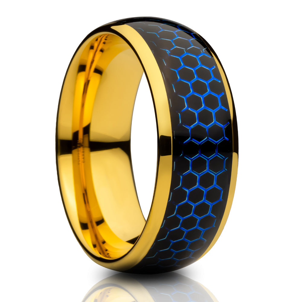 Honeycomb Wedding Ring,Yellow Gold Wedding Ring,8mm Tungsten Ring,Anniversary Ring,Engagement Ring,Unique Wedding Ring