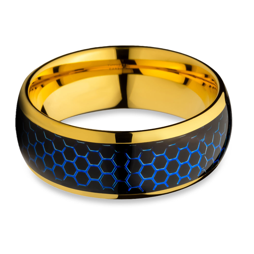 Honeycomb Wedding Ring,Yellow Gold Wedding Ring,8mm Tungsten Ring,Anniversary Ring,Engagement Ring,Unique Wedding Ring