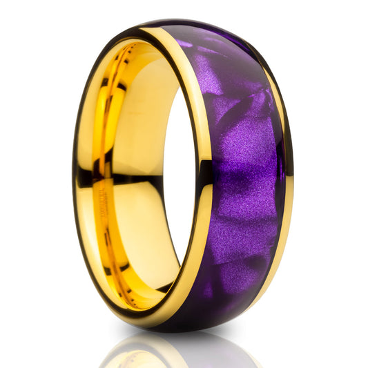 Purple Cowrie Wedding Ring Yellow Gold Tungsten Ring 8mm Wedding Ring