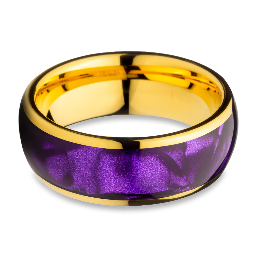 Purple Cowrie Wedding Ring Yellow Gold Tungsten Ring 8mm Wedding Ring